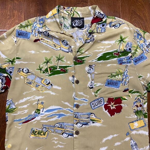 Uluwatu Casual Hawaiian Surf Beach Tan Multicolored Button Front Shirt Men's M - Picture 2 of 10